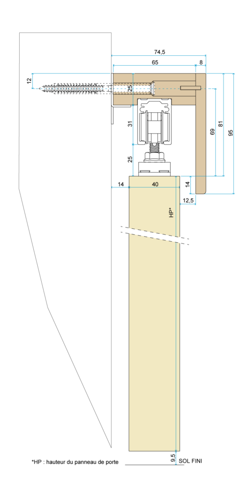 Schéma technique du rail en applique modèle A2, porte en bois