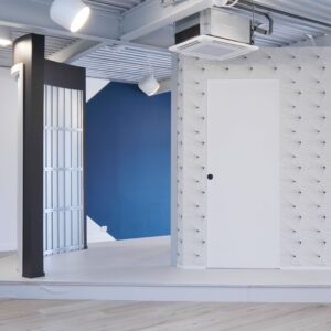 vidéo d'exposition du showroom ECLISSE France, ici Syntesis Line, une porte coulissante sans habillage et Circular, une porte courbe.